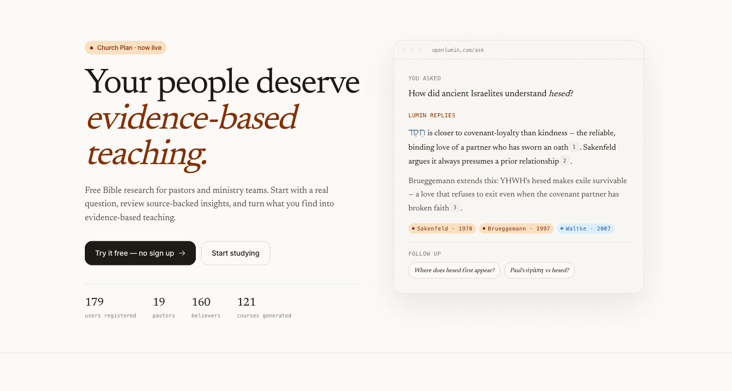 OpenLumin — AI-powered Bible research for pastors, showing a cited answer about hesed